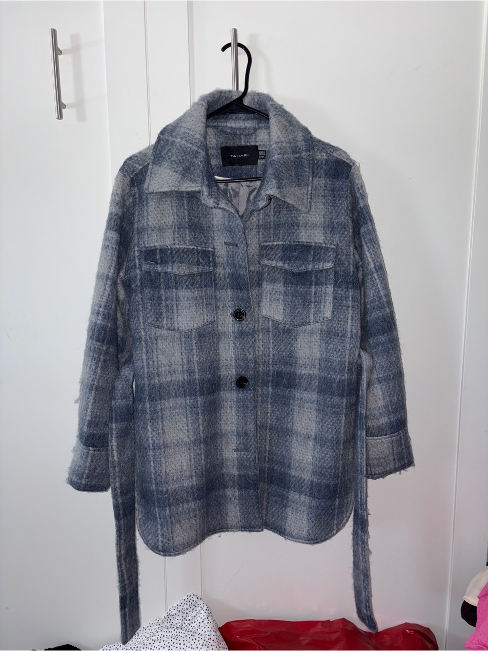 Tahari Blue Gray Plaid Teddy Jacket
